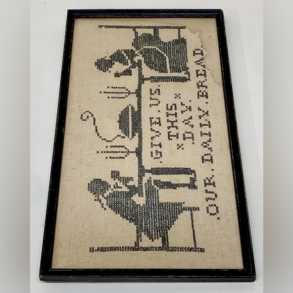 Antique Black Wooden Framed Give Us This Day Our Daily Bread Handmade Sampler - Picture 10 of 13